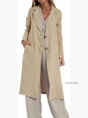 Long Linen Blazer Jacket Casual Lightweight Trench Coat Two Button